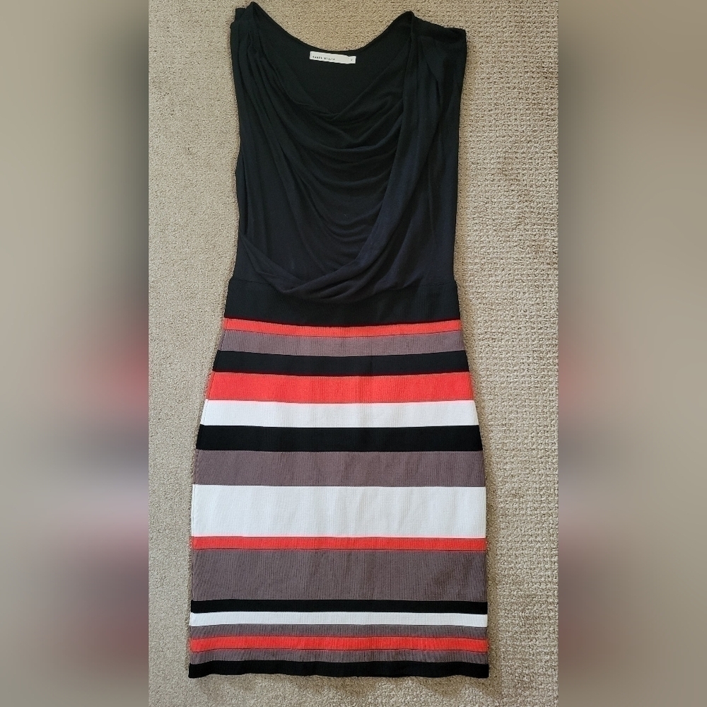 Karen Millen Multi Colored Striped Drape/ Cowl Neck Top Sheath Midi Dress - Picture 3 of 10